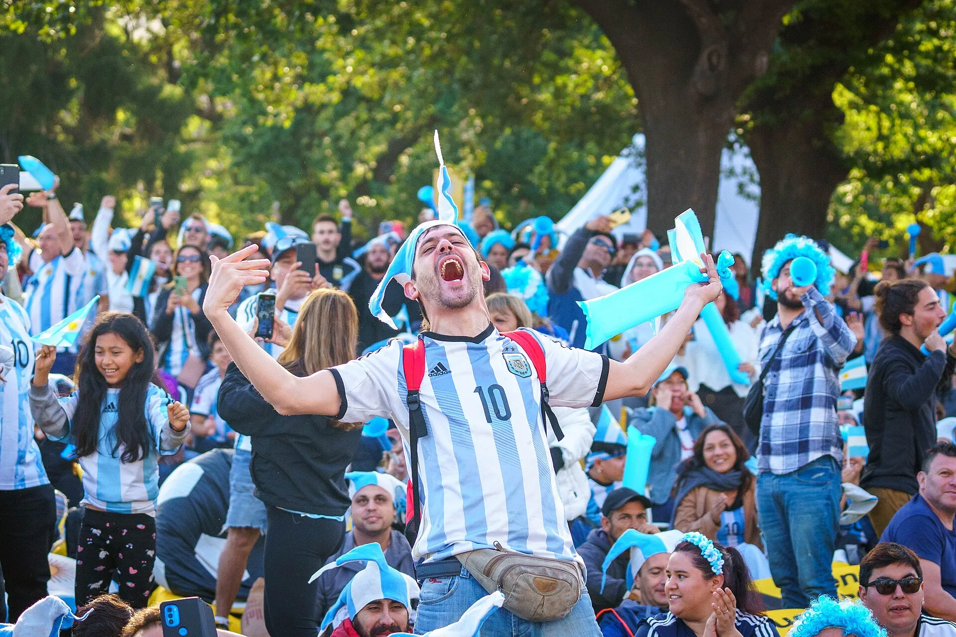 A fan in an Argentina shirt screams at a goal on a public screen, Buenos Aires, 2022